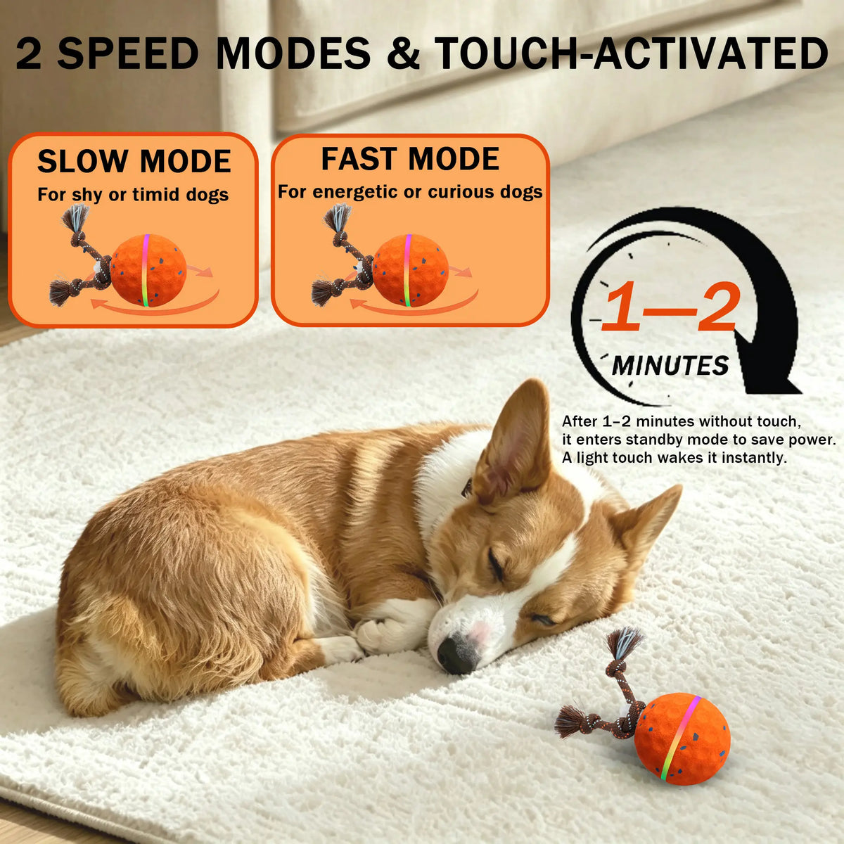 Interactive Dog Toys Ball for Boredom, 2 Modes Automatic Moving Bouncing Dog Toys for Aggressive Chewers, Durable E-TPU Smart Rolling Puppy Enrichment Toys with Rope for Medium Large Dogs