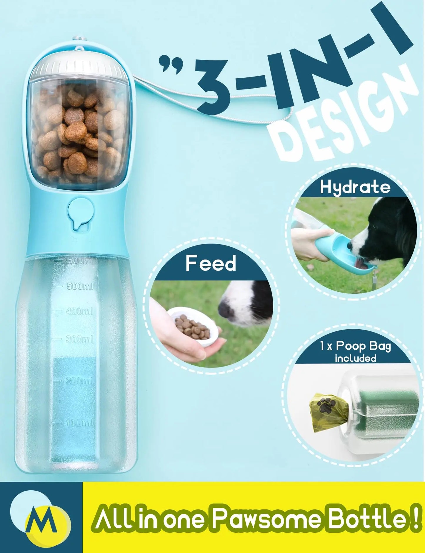 UFORU 3-in-1 Portable Water Bottle for Dogs with Food Treat Container and Poop Bag Holder - Ideal for Outdoor Activities and Travel, Blue, 20oz