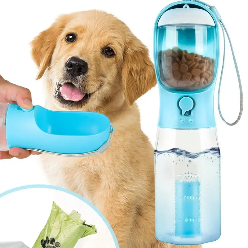 UFORU 3-in-1 Portable Water Bottle for Dogs with Food Treat Container and Poop Bag Holder - Ideal for Outdoor Activities and Travel, Blue, 20oz