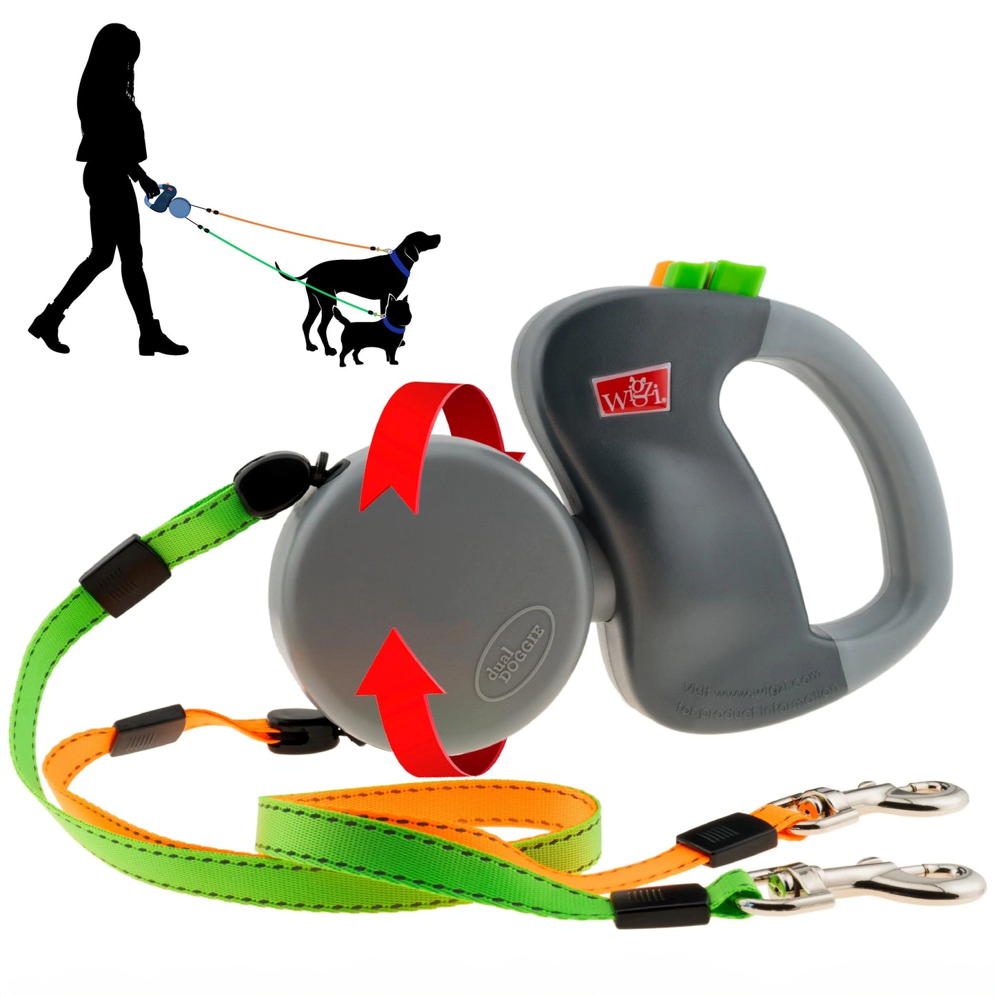 WIGZI Dual Dog Retractable Leash for 2 Dogs – 360° Tangle-Free Swivel, Independent Dual Brakes, 10-Ft Reflective Leads, up to 50 Lbs per Dog