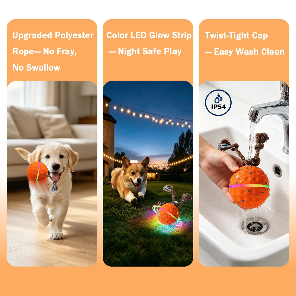 Interactive Dog Toys Ball for Boredom, 2 Modes Automatic Moving Bouncing Dog Toys for Aggressive Chewers, Durable E-TPU Smart Rolling Puppy Enrichment Toys with Rope for Medium Large Dogs