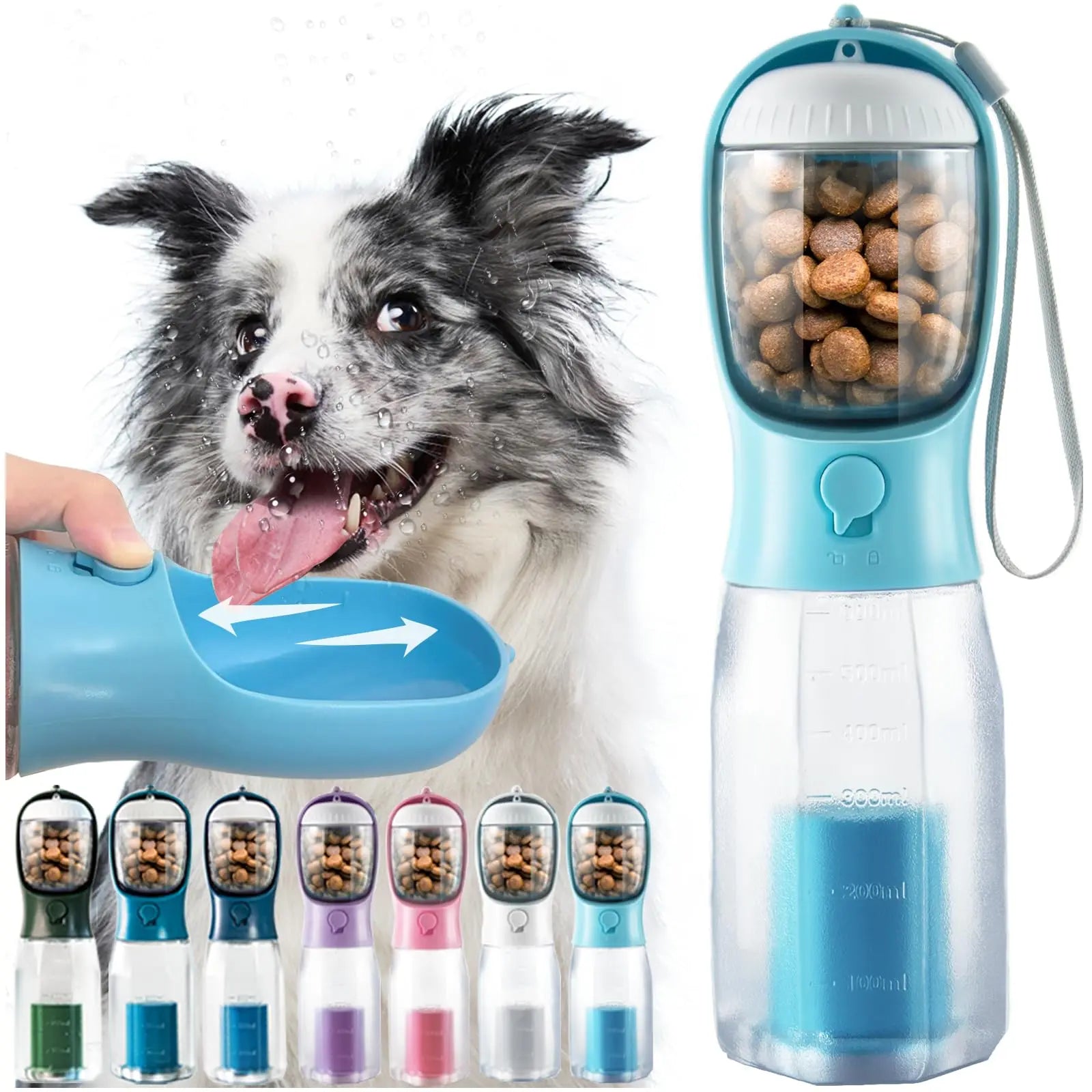 UFORU 3-in-1 Portable Water Bottle for Dogs with Food Treat Container and Poop Bag Holder - Ideal for Outdoor Activities and Travel, Blue, 20oz