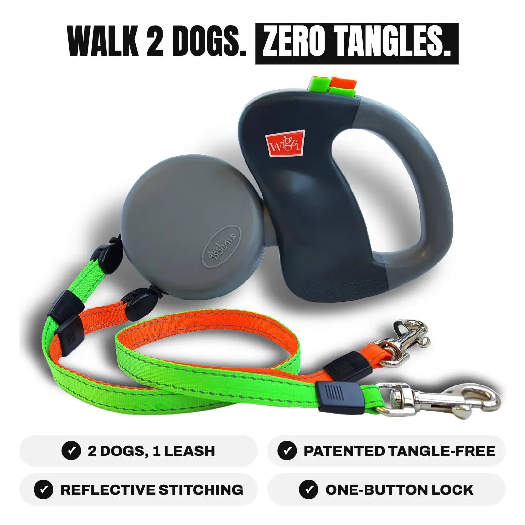 WIGZI Dual Dog Retractable Leash for 2 Dogs – 360° Tangle-Free Swivel, Independent Dual Brakes, 10-Ft Reflective Leads, up to 50 Lbs per Dog