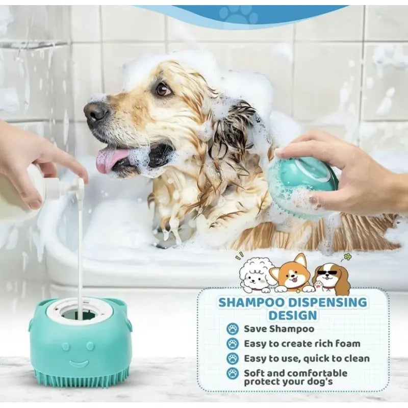 Silicone Shampoo Dispensing Massager with Soft Bristles for Dogs and Cats, Pet Grooming Shower Massage Brush