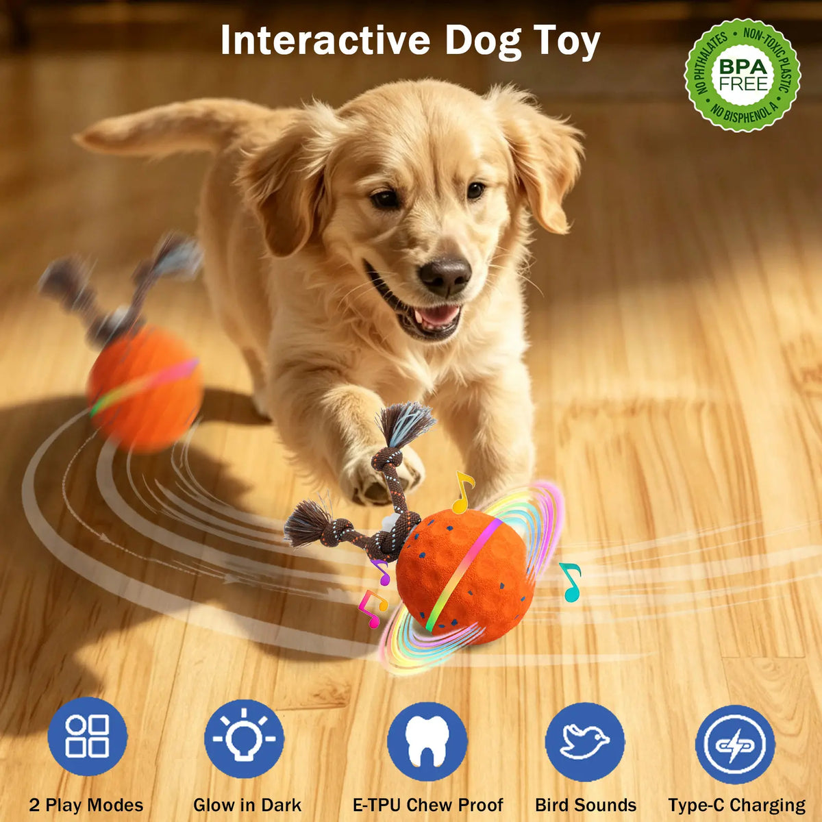 Interactive Dog Toys Ball for Boredom, 2 Modes Automatic Moving Bouncing Dog Toys for Aggressive Chewers, Durable E-TPU Smart Rolling Puppy Enrichment Toys with Rope for Medium Large Dogs