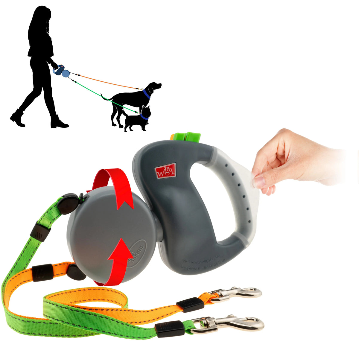 WIGZI Dual Dog Retractable Leash for 2 Dogs – 360° Tangle-Free Swivel, Independent Dual Brakes, 10-Ft Reflective Leads, up to 50 Lbs per Dog