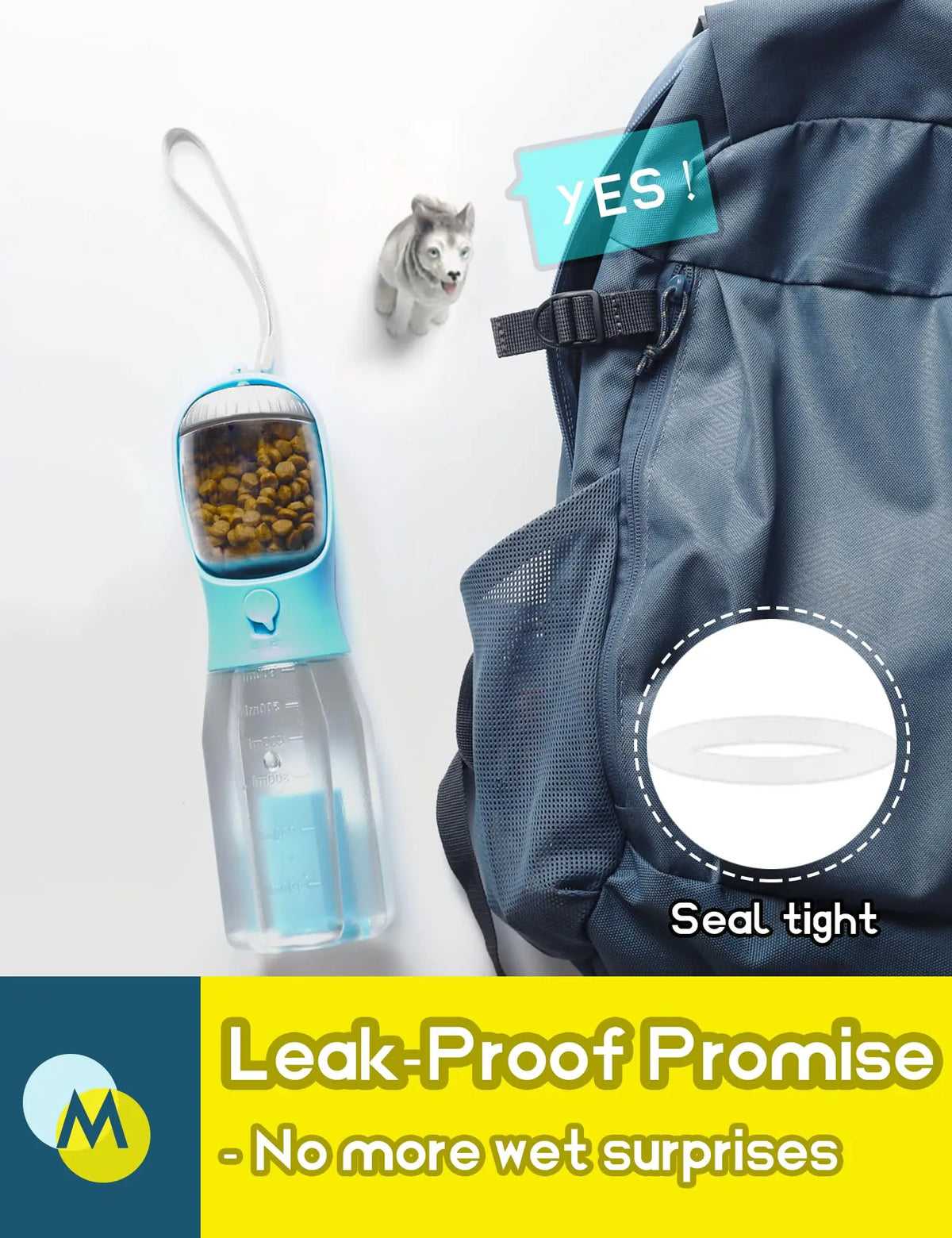 UFORU 3-in-1 Portable Water Bottle for Dogs with Food Treat Container and Poop Bag Holder - Ideal for Outdoor Activities and Travel, Blue, 20oz