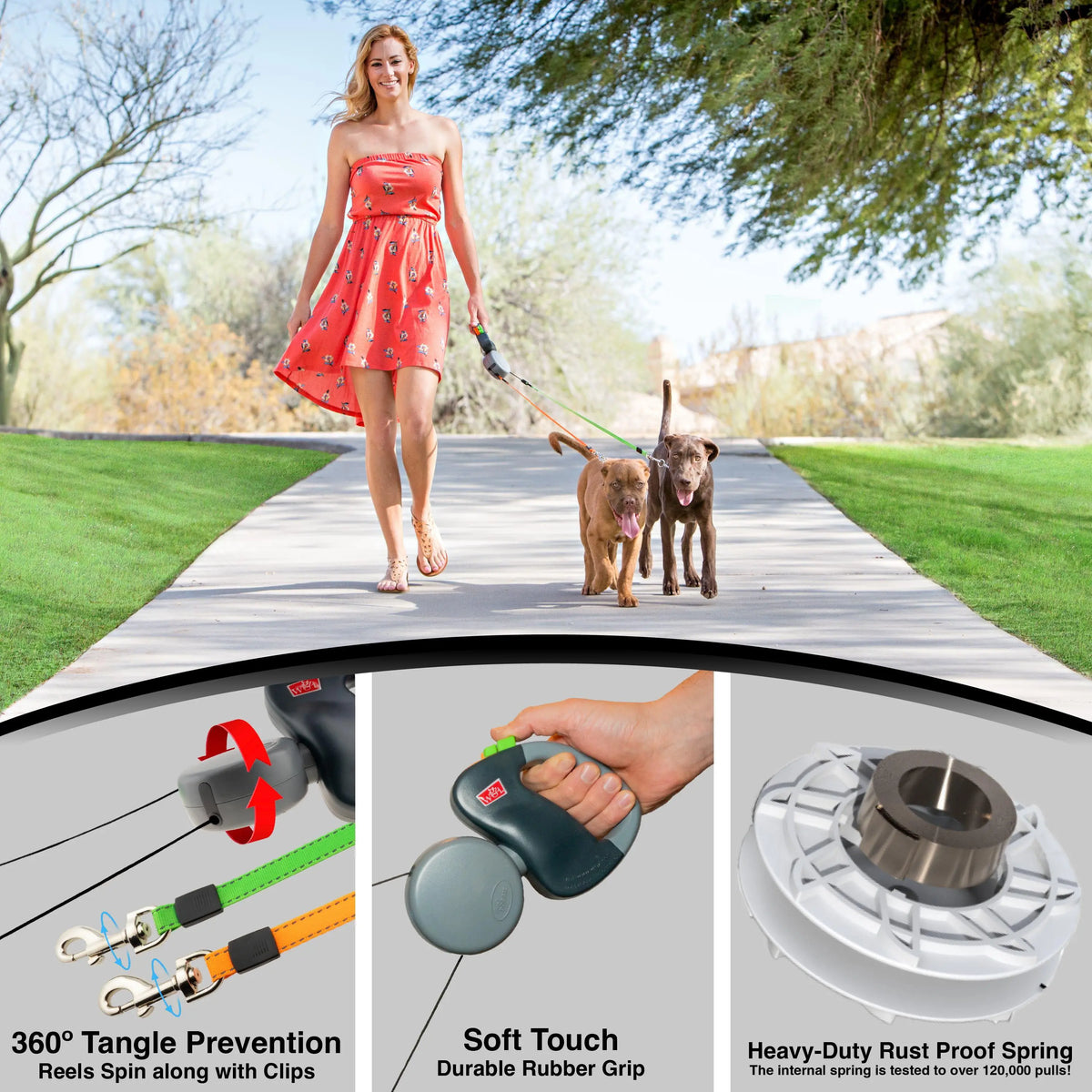 WIGZI Dual Dog Retractable Leash for 2 Dogs – 360° Tangle-Free Swivel, Independent Dual Brakes, 10-Ft Reflective Leads, up to 50 Lbs per Dog