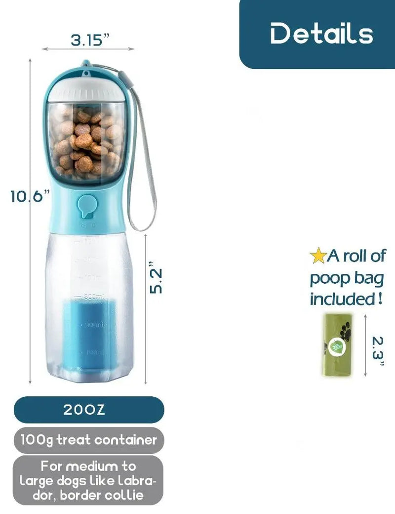 UFORU 3-in-1 Portable Water Bottle for Dogs with Food Treat Container and Poop Bag Holder - Ideal for Outdoor Activities and Travel, Blue, 20oz
