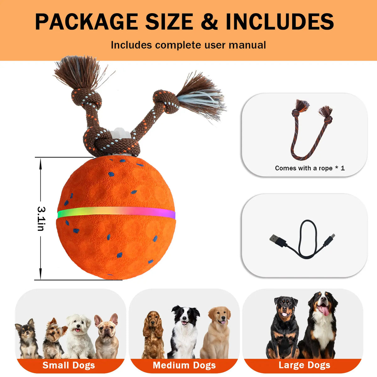 Interactive Dog Toys Ball for Boredom, 2 Modes Automatic Moving Bouncing Dog Toys for Aggressive Chewers, Durable E-TPU Smart Rolling Puppy Enrichment Toys with Rope for Medium Large Dogs